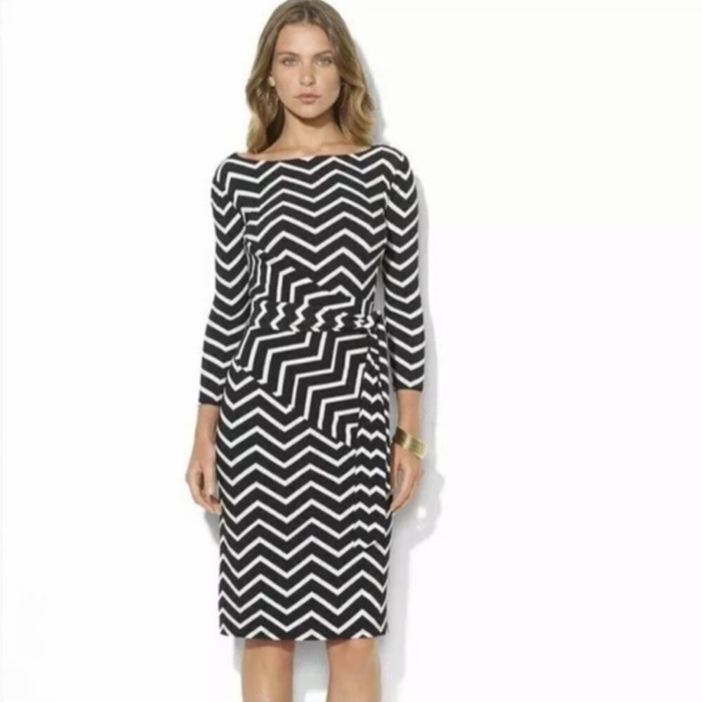 LAUREN RALPH LAUREN Black White Zig Zag Print Faux Wrap Stretch Dress Size 16